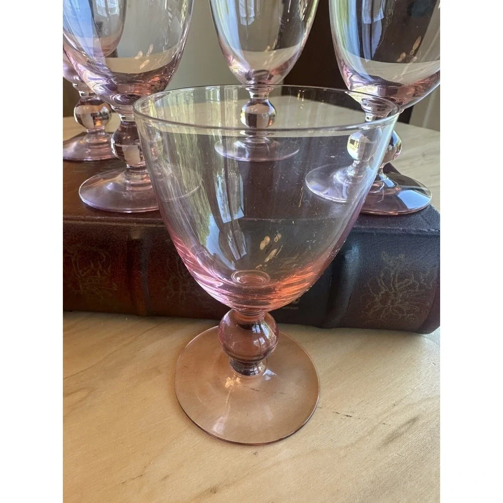 (6) Vintage MCM Pink 4oz Glasses Bar Ware Drinking Liquor Ball Stem Cocktail